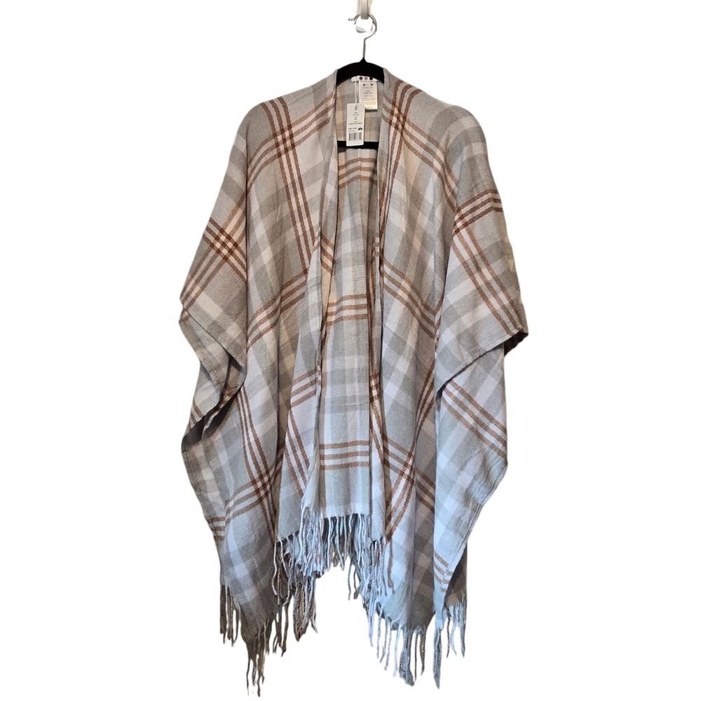Three Dots Wrap O/S Cashmere Lousia Plaid Gray Tan Fringe Western Fall Ponch NWT